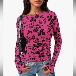 Floral Mesh Ruched Fitted Long Sleeve Top